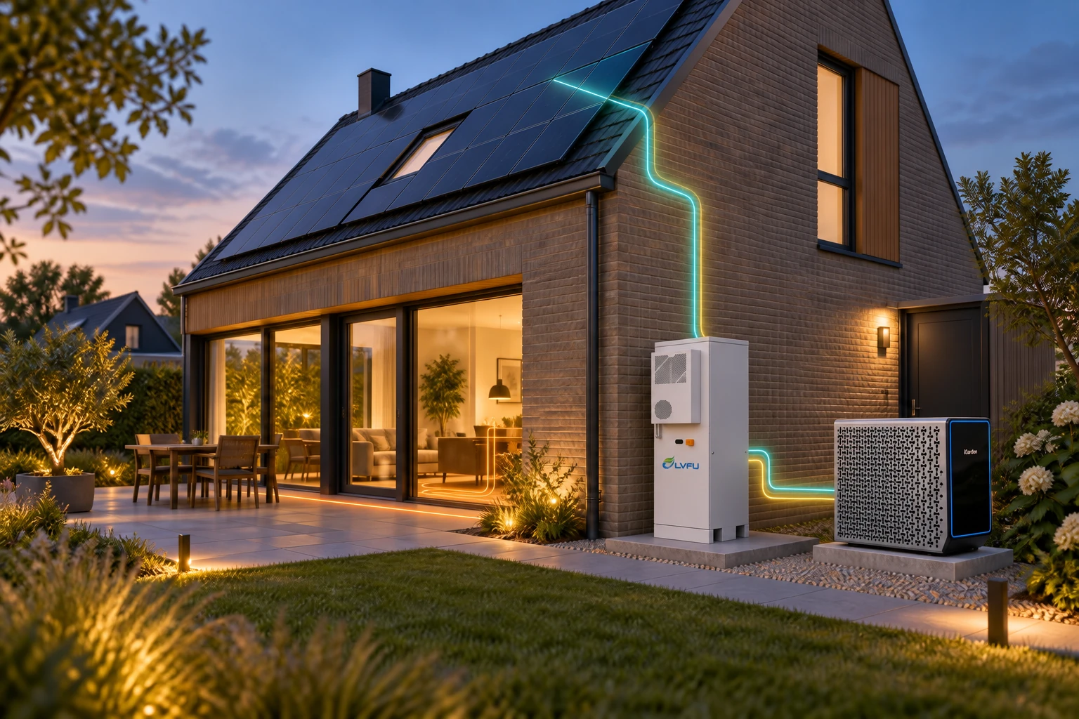Illustrative home scene with solar panels, LVFU outdoor storage and a Fairland heat pump connected by light paths