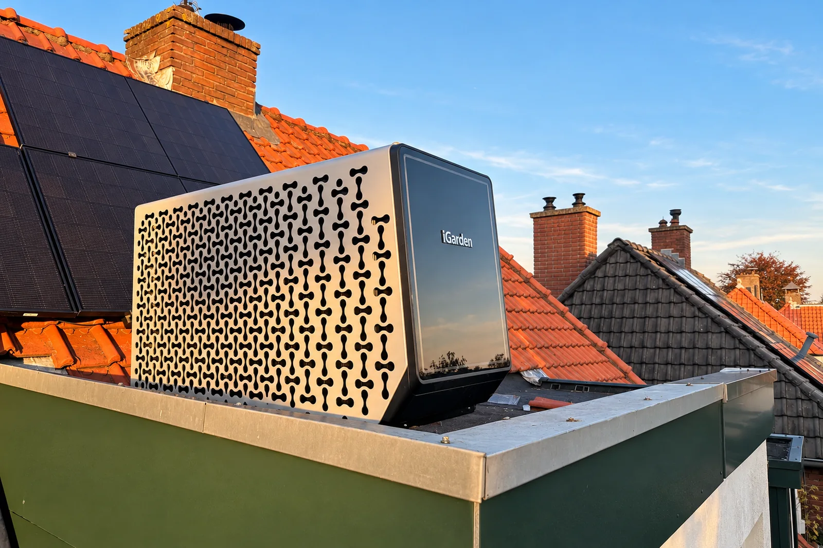 Een iGarden-warmtepomp naast zonnepanelen. Beeld uit de montagefase; het exacte vermogen is niet aan deze foto gekoppeld. Geretoucheerd: persoon en slagschaduwen verwijderd.