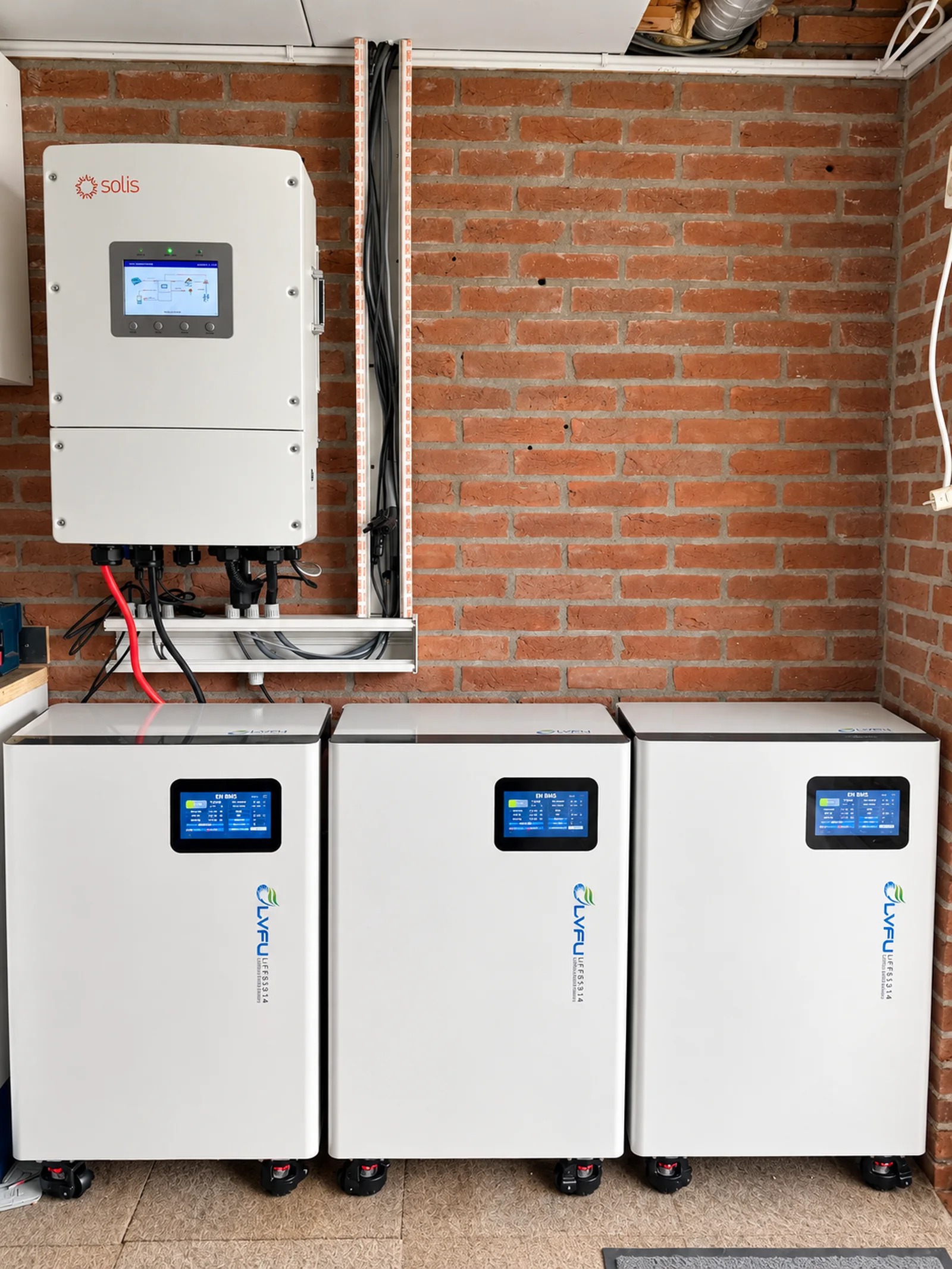 Drie LVFU-vloerbatterijen met een Solis-omvormer, gefotografeerd tijdens de installatiewerkzaamheden. Foto geretoucheerd voor belichting en presentatie.