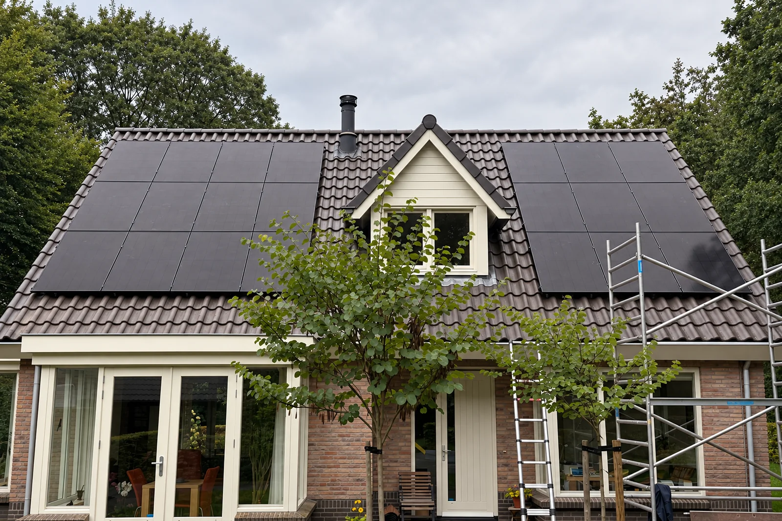 Zonnepanelen aan weerszijden van de dakkapel. De steiger is nog aanwezig: een beeld uit de montagefase. Foto geretoucheerd voor uitsnede en presentatie.